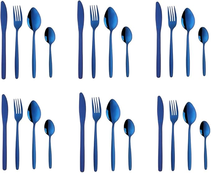 Blue Silverware Set BuyGo 24-Piece Stainless Steel Camping Flatware Dinnerware Set for 6 Hand Polish Dishwasher Safe
