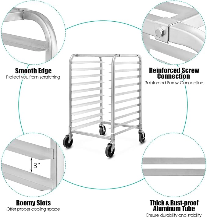 ReunionG 10 Tier Bun Pan Rack Bakery Rack with 2 Lockable Wheels 10 Sheet Aluminum Storage Cooling Trolley with Open Shelf Dough Pizza Baking Mobile Rack for Home Commercial