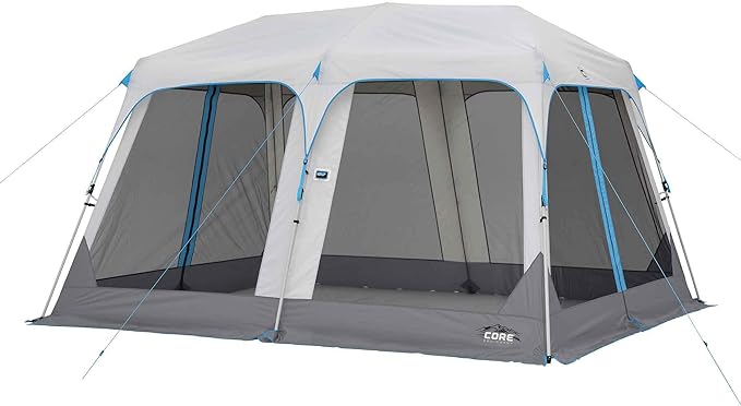 CORE 12’x10' Lighted Instant Screen House | Folding and Portable Large Pop Up Canopy Shelter with LED Lights | Perfect for Family Camping Outdoor Picnic Backyards BBQ Tailgate Patio and Party
