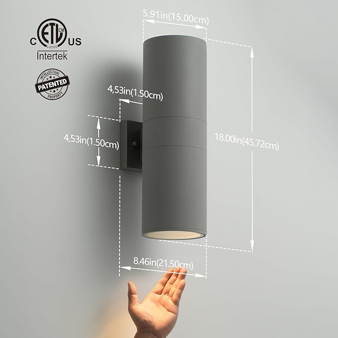 mirrea 18 Modern Outdoor Porch Light Patio Light in 2 Lights with Aluminum Cylinder and Tempered Glass Cover Waterproof Wall Sconce 2 Pack (Matte Gray)