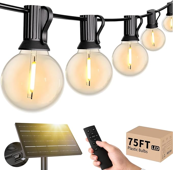 Svater Solar Outdoor String Lights 75 FT G40 Patio Lights Shatterproof Dimmable Vintage Edison Bulbs Solar Powered Weatherproof Light for Patio Backyard Garden Bistro Warm White