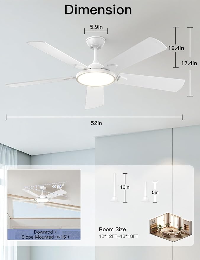 OJX Ceiling Fans with Lights 52 inch Ceiling fan with Light and Remote/APP Control 3CCT Quiet DC Reversible Dimmable Modern Black Ceiling Fa for Bedroom Living Room Kitchen Indoor/Outdoor Use