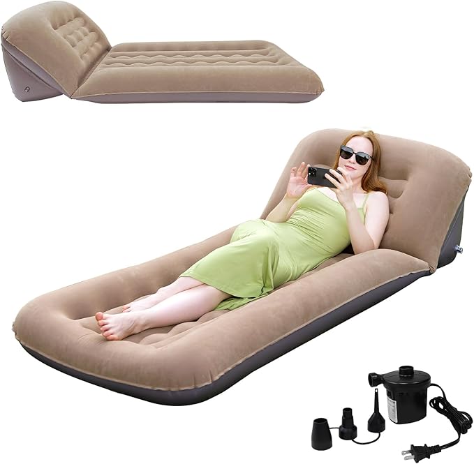 Inflatable Camping Air Mattress with Adjustable Backrest Flocking Portable Recliner Air Sofa Bed Blow-Up Sleeping Pad Sofa for Outdoor Hiking Beach Tent Travel – Fast Inflation with Pump