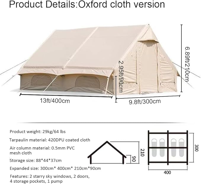 Large Luxury Inflatable Camping Tent Cotton Canvas Tent Breathable and Waterproof Air Tent with Skylight and Stove Jack Hole for for 4-6-8-10 Person Family Camping