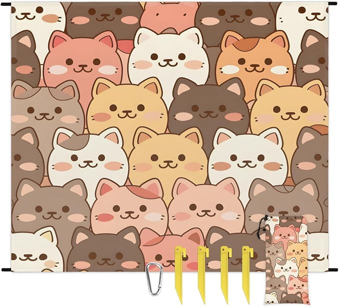 Waterproof Sandproof Beach Blanket 59''×68'' Cute Cats Polyester Outdoor Picnic Blanket with 4 Stakes &amp Storage Bag for BeachCampingVacation Multi-Color