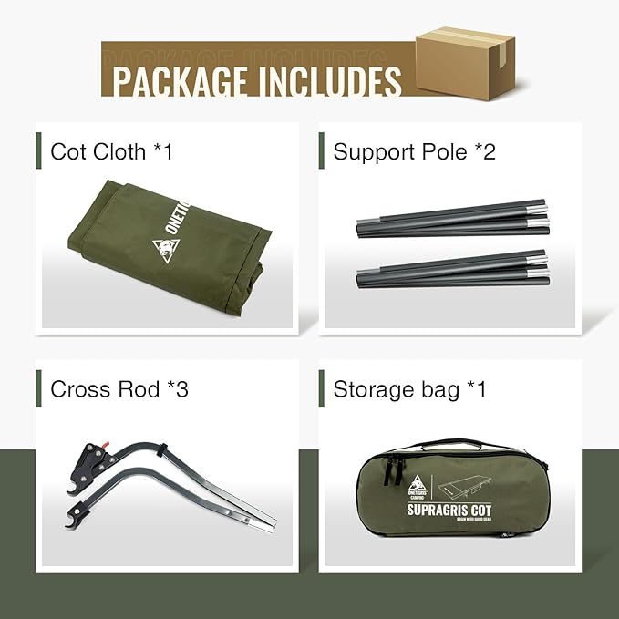 ONETIGRIS SUPRAGRIS Camping Cot Support Up to 400lbs Lightweight Comfortable Folding Bed for Camping Hiking Backpacking Travel Car Trips Office Nap (Ranger Green)