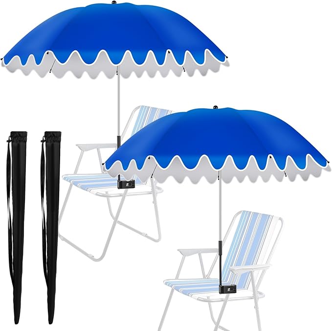 Abbylike 2 Pcs Scalloped Chair Umbrella with Universal Adjustable Clamp 38'' Portable Wheelchair Umbrella UPF 50+ Camping Chair Parasol with Bag for Outdoor Patio Lawn