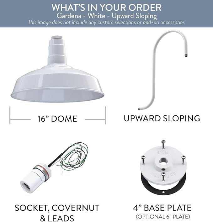 Steel Lighting Co. Gardena Barn Light | Outdoor Wall Mounted | 16 Dome | Upslope Gooseneck | Farmhouse Light Made in America | White Exterior/White Interior