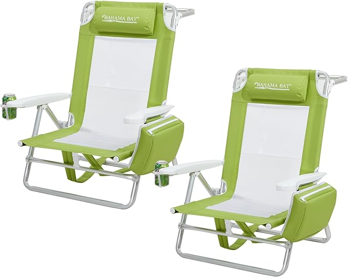 Old Bahama Bay Backpack Beach Chair 2 Pack Aluminum Lightweight Reclining 5-Position Lounge Chair for Adults Heavy Duty Support 400 LBS Portable Folding with Cooler Bag Camping Chair for Sand Outdoor