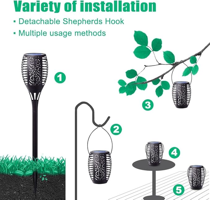 4Pack Solar Torch Light with Flickering Flame Upgraded 3in1 Solar Lights Outdoor Hanging Lantern Waterproof Landscape Decoration Lighting for Garden Yard Pathway Driveway Auto On/Off