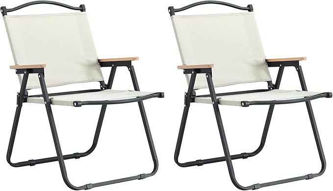 Portable Folding Camping Chairs Indoor Outdoor Use Beige with Wood Armrests Set of 2