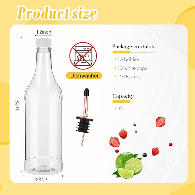 Dandat 20 Pcs 32 oz Plastic Long Neck Bottles with Pourer and Caps Plastic Juice Pour Bottles with Stainless Steel Pourer Tapered Spout for Liquor Juice Store (Rose Gold)