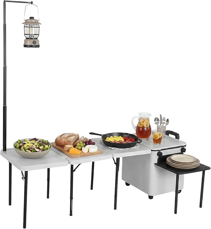 Multifunctional Outdoor Kitchen Station with Wheels Folding Overland Camping Kitchen Table with Light Poles for Picnic Party Beach BBQ Cooking Indoor