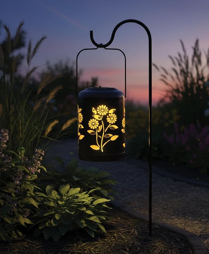 Regal Art &amp Gift Solar Flower Shadow Lantern Outdoor Waterproof Garden Décor Ideal Gift for Women Mom Grandma – Hanging Metal Solar Lights for Yard Patio Backyard Porch Gold