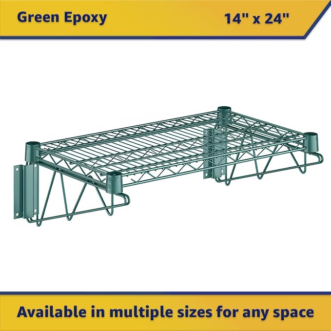 14 x 24 Wire Green Epoxy Wall Mount Shelf Commercial Fixed Wall Mount Rack NSF Metal Floating Shelving for Kitchen Stock Rooms Home and Hotel