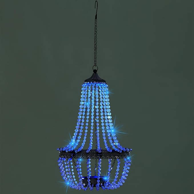 Hanging Solar Lantern Outdoor 28” Modern Clear Crystal Acrylic Chandelier with 30 Blue Lights S Hook for Garden Yard Patio Gazebo Decorations