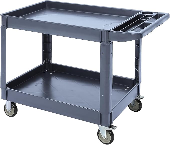 Utility Service Cart with Wheels and Two Trays Service Cart 2-Shelf 500lbs Rolling Utility Cart for Warehouse/Garage/Cleaning/Manufacturing 2 Tier Heavy Duty Uline Tool Cart 45X25 Gray