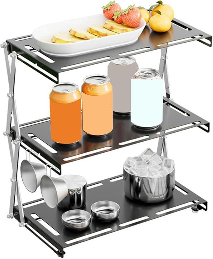 Camping Foldable Storage Rack Outdoor Tabletop Camping Stand Portable Easy to Install Cookware Storage Rack for Barbecue Three Layers