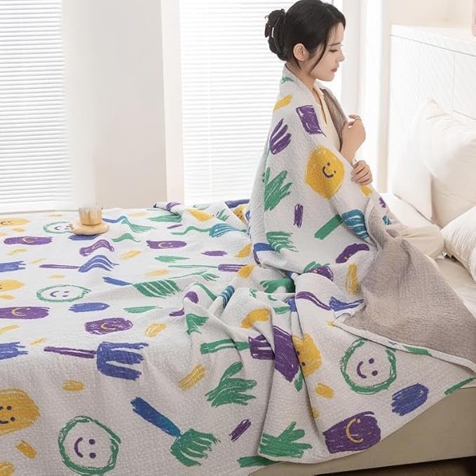 Bnitoam 100% Cotton Bed Blanket Twin Size 60x80 3 Layer Muslin Blanket Cooling Breathable Lightweight Summer Gauze Throw for Hot Sleepers Kids Birthday Gift (Print 60x80)