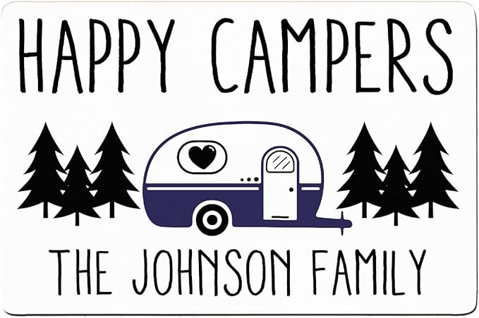 Personalized Happy Camper Doormat Camping - Custom Family Name and Rv Color Camping Door Mat RV Accessories for Inside Outside Funny Campsite Decorations for Travel Trailers 16 x 24 inches