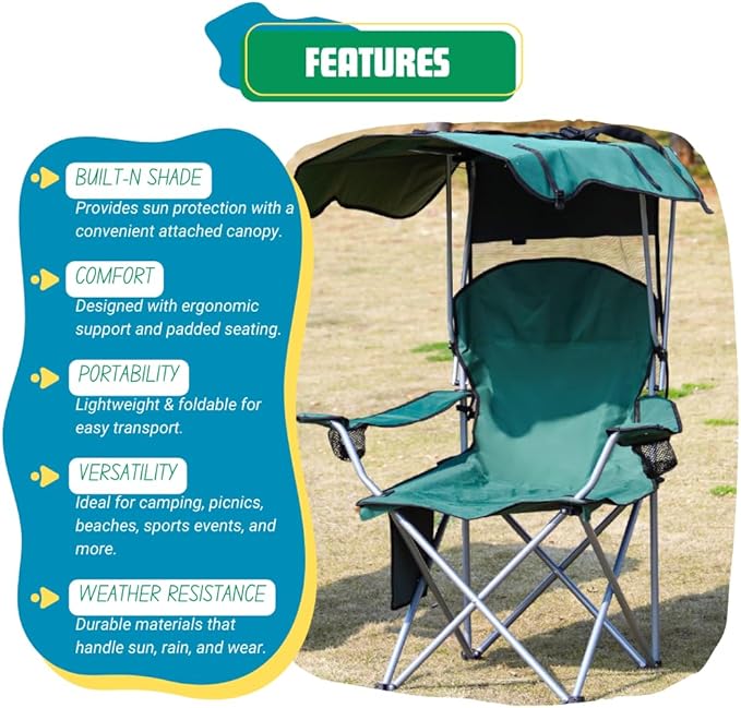 EZONE Folding Canopy Camp Chair for Outdoors Shade Canopy Portable Chair Camping Tailgates Beach Pool Lawn Chair Sunshade Travel Chair Folding Camping Chair (Upgraded - Green)