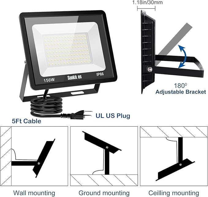 150W LED Flood Light Outdoor 3 Pack IP66 Waterproof 6000K Daylight White Security Lights Outside Lamp 18000LM Exterior Floodlights Lighting for Workshop Yard Stadium