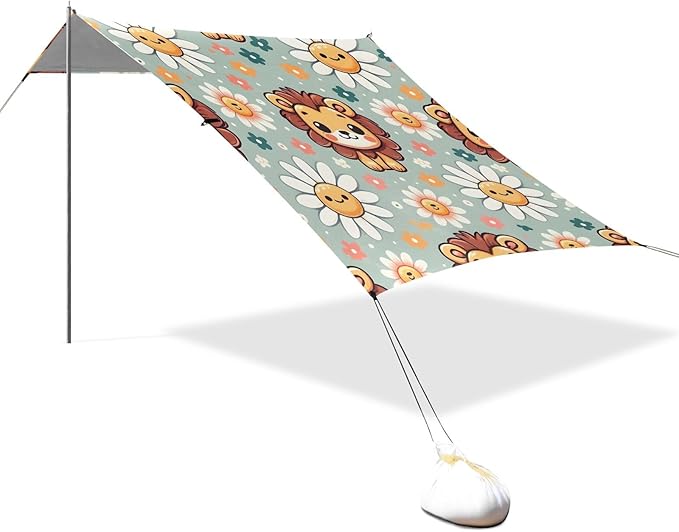 Cute Cartoon Little Lion Face Little Daisy Camping Sun Shelter Beach Tent Portable Beach Sun Shade Outdoor Canopy for Camping Trips Fishing Picnic