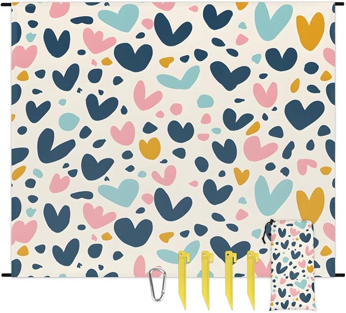 Waterproof Sandproof Beach Blanket 59''×68'' Funny Shape Heart Polyester Outdoor Picnic Blanket with 4 Stakes &amp Storage Bag for BeachCampingVacation