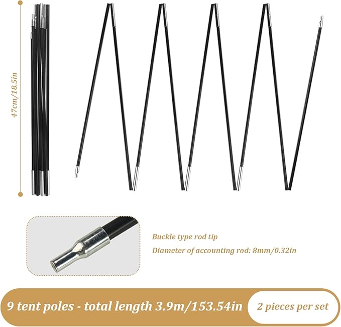 Tent Poles Replacement 8MM 12.8Ft Length Adjustable Fiberglass Tarp Poles 18 Sections Supporting Awning Rods for Camping BackpackingTent Poles Replacement Camping Tent Tarp Poles Replacement