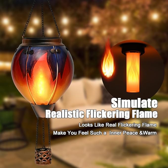 Hot Air Balloon Solar Lantern - Simulated Flickering &amp Dancing Flame Glass Lantern  Outdoor Hanging Yard Light Waterproof IP65 for Garden Patio Lawn Porch Decor Gift
