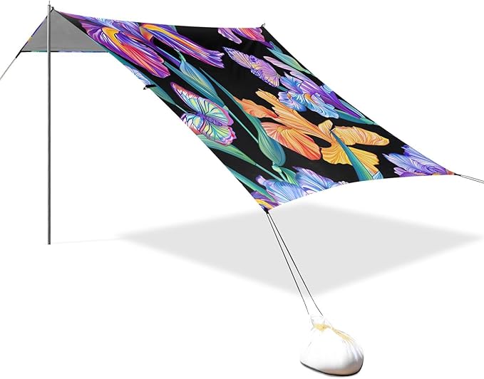 ALAZA Rainbow Iris Flower Butterfly Beach Tent Sun Shelter UPF50+ Protection Beach Shade Canopy w/ 4 Sandbags for Outdoor Camping Fishing Backyard Fun Picnic 10x9 ft