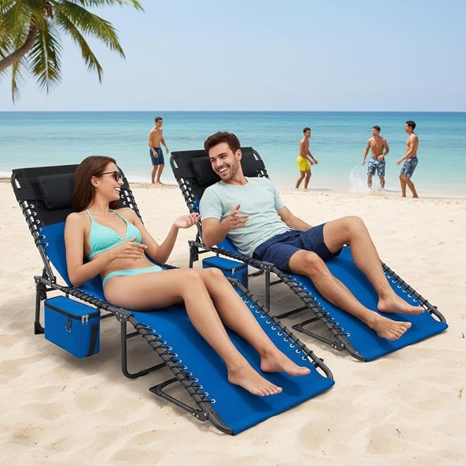 Outdoor Chaise Lounge Chair Folding Tanning Chair with 5-Position Adjustable Backrest Portable Sun Lounger with Carry Handle Side Pocket and Removable Pillow for Beach Pool Patio Camping Blue