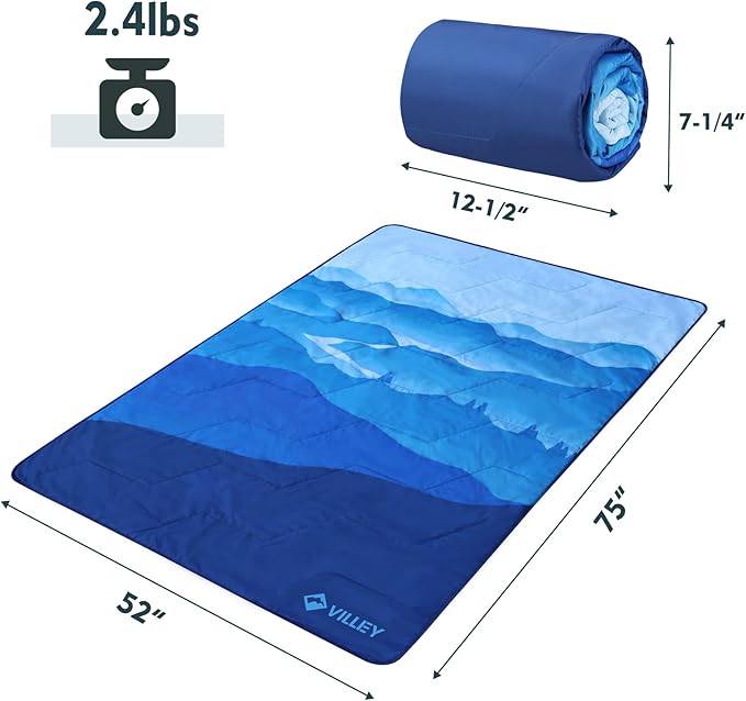 VILLEY Picnic Blanket 3-Layer Camping Blanket 52x75 Machine Washable Water Repellent and Sandproof Packable and Portable for Camping Travel Park Beach and Indoor Use