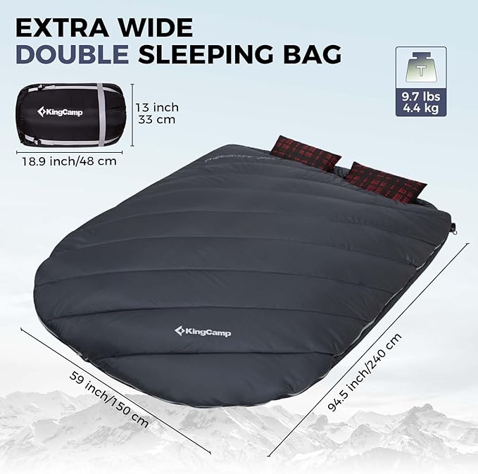 KingCamp Double Sleeping Bag for Adults Queen Size 2 Person XXL Flannel Sleeping Bag Waterproof Lightweight Flannel Quilt with 2 Pillows Perfect for Couples Family Camping Hiking