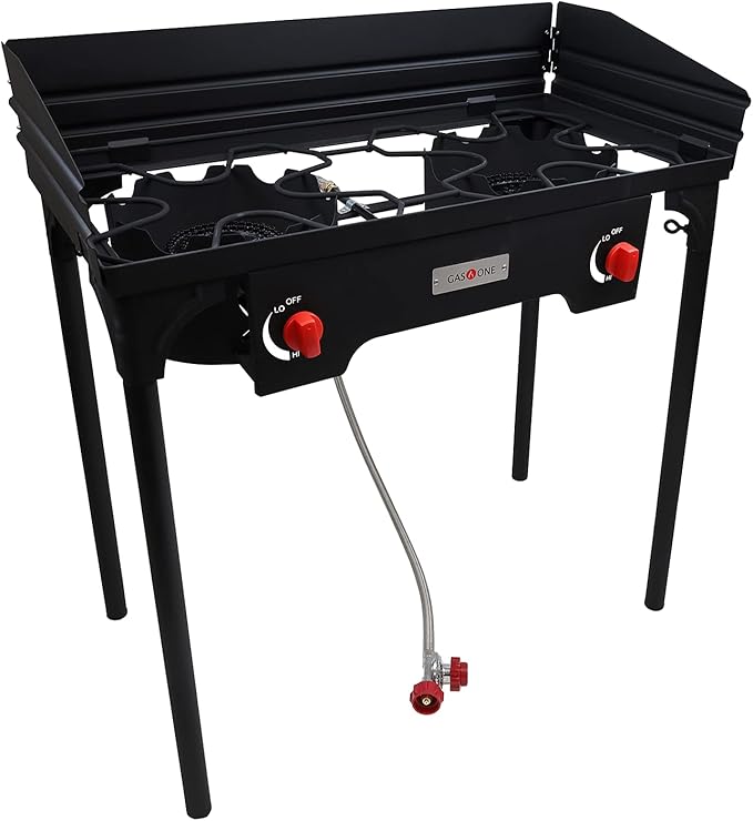 Gas One Propane Double Burner Two Burner Camp Stove with Windscreen Outdoor High Pressure Propane 2 Burner Adjustable PSI Regulator and 4ft Steel Braided Hose With Removable Legs