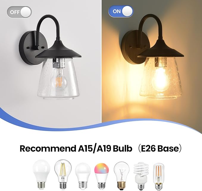 Outdoor Wall Sconce Exterior Waterproof Wall Light Fixture Outside Porch Light with Bubble Glass Shade Matte Black Outdoor Wall Lantern for Patio Garage entryway 2-Pack