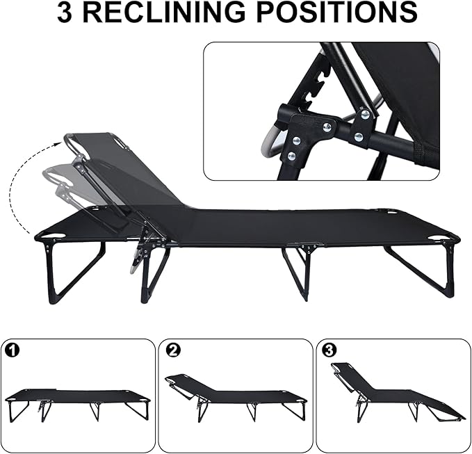 Folding Camping Cot Bed 4 Positions Adjustable Patio Chaise Lounge Chair Portable Sleeping Cots for Adults with Mattress for Bedroom Pool Patio Office 440 LBS Heavy Duty