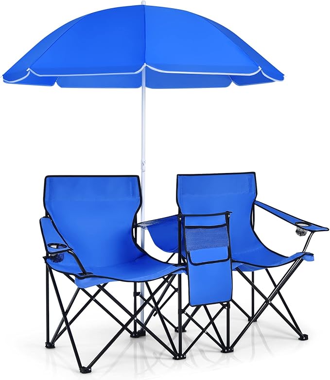 Giantex Double Camping Chair with Umbrella - Folding Picnic Loveseat with Carrying Bag Cooler Bag Table Side Pocket &amp Cupholder Portable Beach Chair for Camping Picnic Fishing Beach