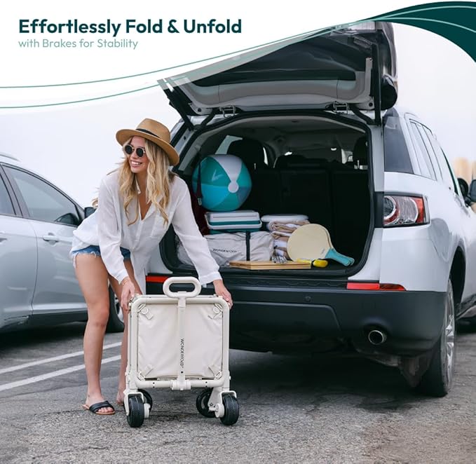 WONDERFOLD S5 Convertible Utility Wagon - Sturdy Compact Wagon with Wheels and Versatile Half-Capacity Option Table Attachment &amp Brakes Black