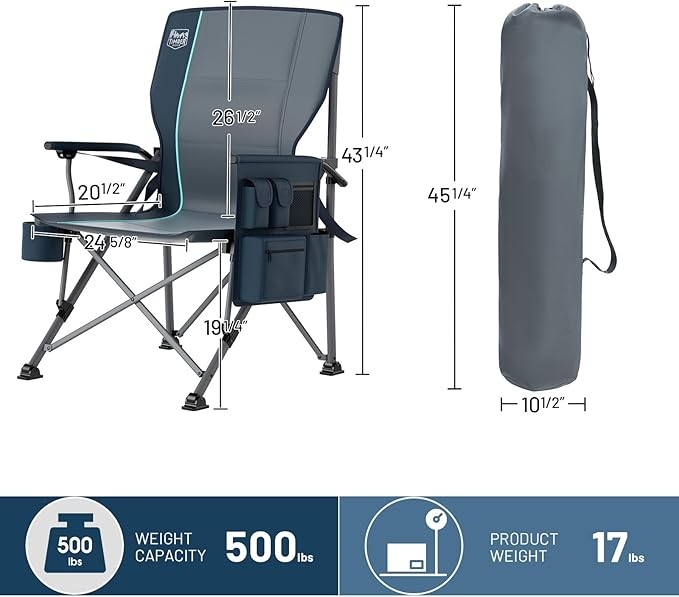 Timber Ridge Oversized Folding Camping Chair with Lumbar Support Adjustable High Back Heavy Duty for Adults Support up to 500lbs with Cup Holder Cooler Bag Side Pocket Blue
