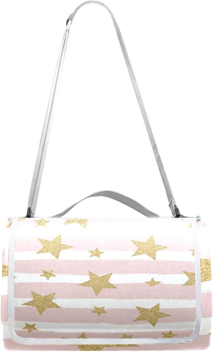 MNSRUU Picnic Blanket Waterproof Foldable Gold Glittering Stars Large Outdoor Picnic Beach Camping Blanket Travel Mat Shoulder Strap Tote Rectangle 57x59in