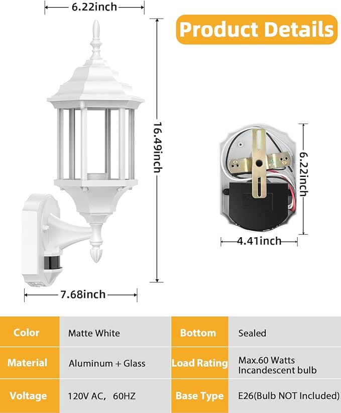 Redluck Motion Sensor Outdoor Lights 2 Pack 16 inch Dusk to Dawn Outside Porch Lights Waterproof Anti-Rust Aluminum Outdoor Wall Lights Exterior Lighting Fixtures for House Garage Front Door