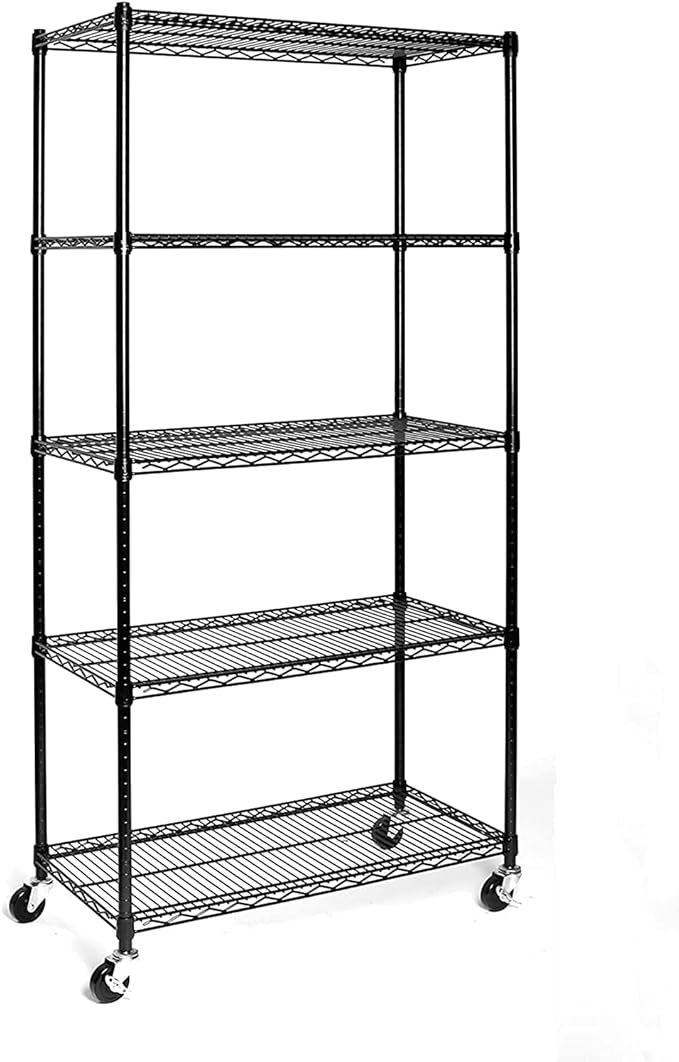 5-Tier Commercial Shelving Unit 800 lb Capacity Steel Wire Shelves with Locking Wheels Adjustable Heavy-Duty Utility Rack for Kitchen Pantry Garage – Black