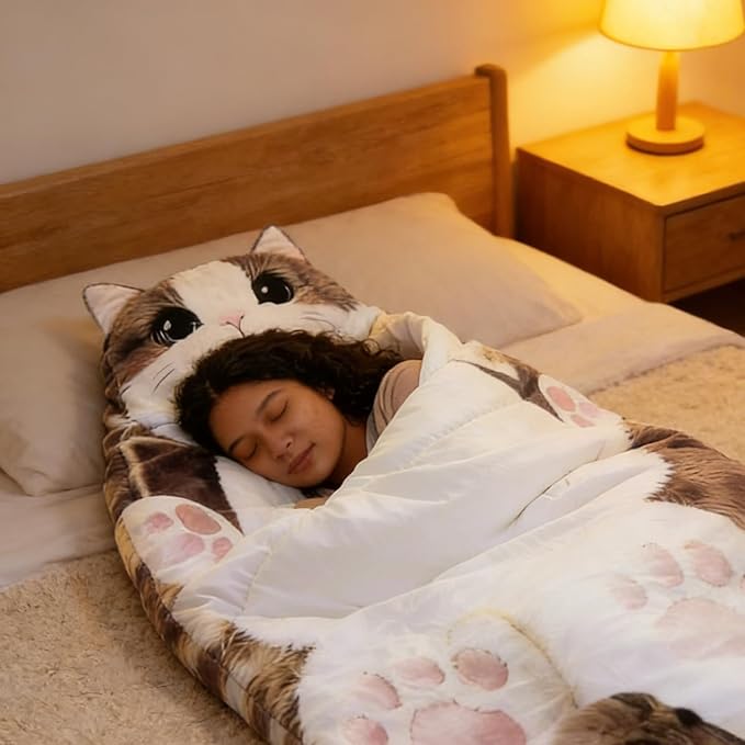 Fluffy Cat Sleeping Bag for Human Adults Soft Sleeping Bag Plush Animal Wearable Blanket Washable Adorable Cat Envelope Sleepings Bags for Camping Sleepovers &amp Home Lounging