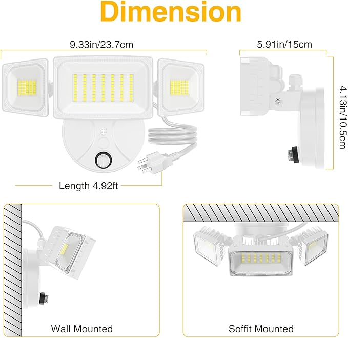 Onforu Plug in Flood Light60W 6000LM Dusk to Dawn Outdoor Lightingwith RemoteIP65 Waterproof3 Adjustable Heads Light for Garage Yard