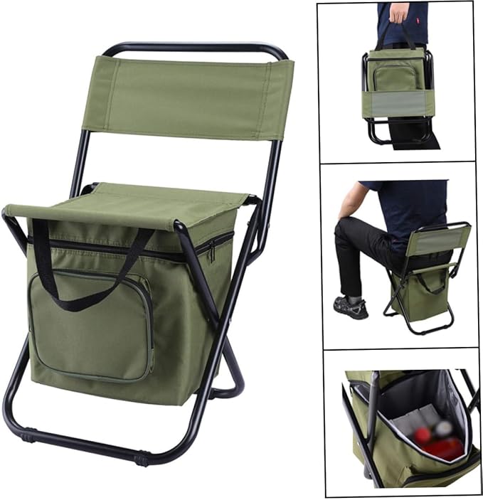 Folding Fishing Chair with Backrest Portable Outdoor Camping Seat and Insulated Cooler Bag Lightweight and Durable for Fishing Beach Picnic and Travel