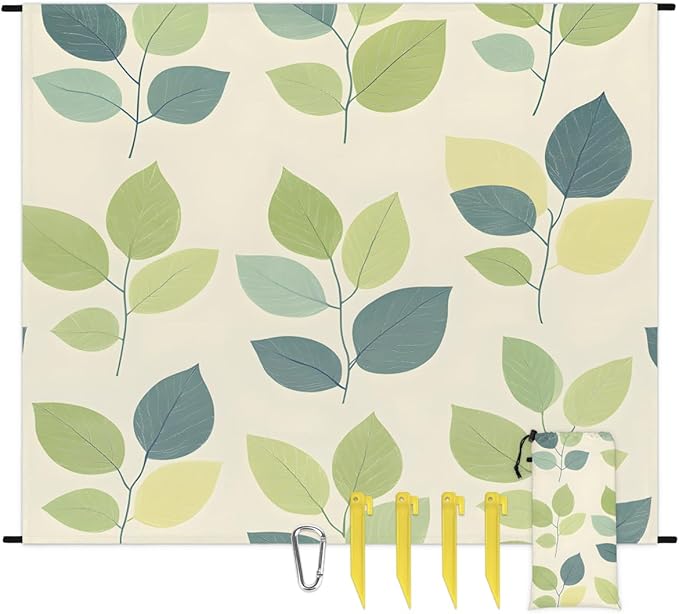 Waterproof Sandproof Beach Blanket 59''×68'' Ficus Tree Leaves Polyester Outdoor Picnic Blanket with 4 Stakes &amp Storage Bag for BeachCampingVacation Beige