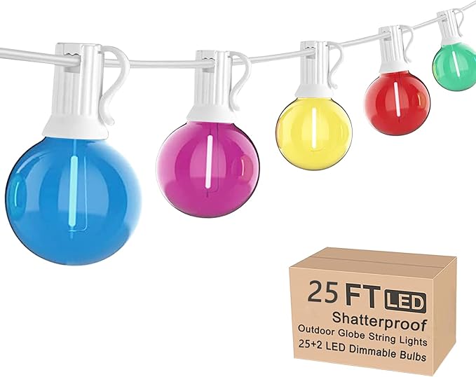 25Ft LED Outdoor String Lights G40 Outdoor Christmas Decorations Lights Waterproof with 27 LED Globe Multicolor Bulb Hanging Vintage Christmas Lights for Patio Roofline Backyard Garden Party Decor