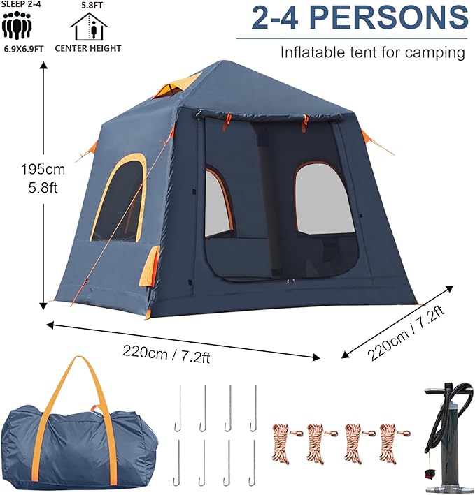 Inflatable Tents for Camping2/4 Person Easy Setup Blow Up Tents for 4 Seasons Waterproof InflatableTent for Camping Air Glamping Tents for Camping Adult