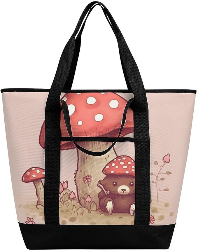 Insulated Shopping BagLarge Reusable Cooler Bags Bear And Mushroom Printed Foldable Shopping BagTravel Waterproof Shoulder Bag